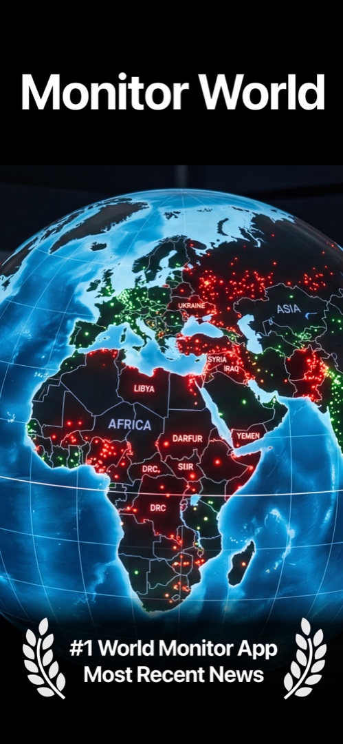MonitorWorld interactive world map with live conflict, earthquake, and cyber threat pins