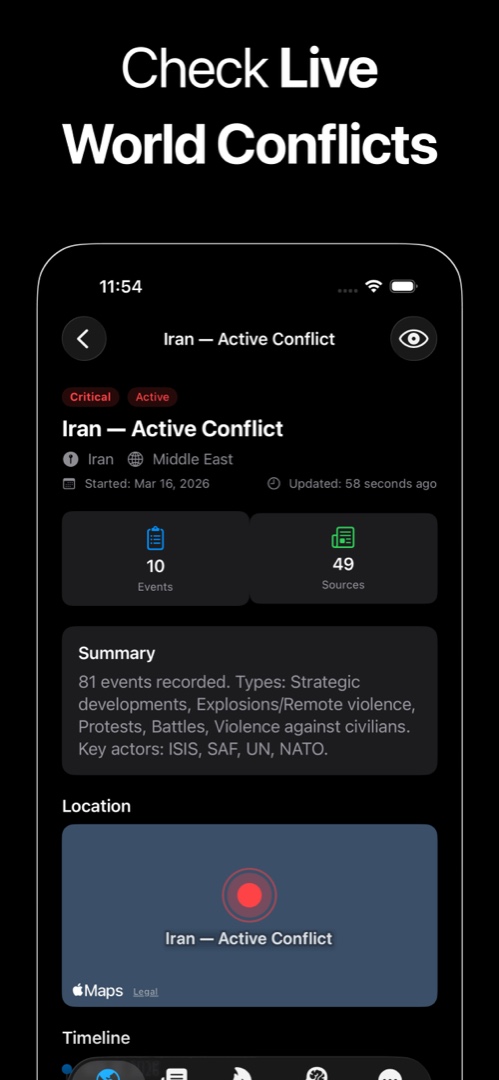 MonitorWorld active conflict detail view with sources, casualty data, and timeline