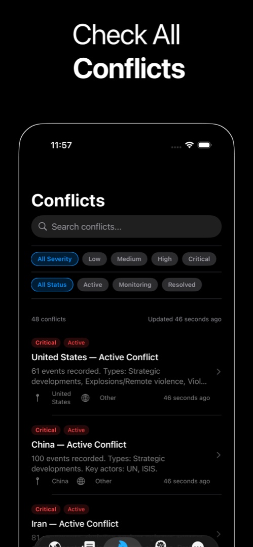 MonitorWorld News Feed with breaking news, category filters, and source citations